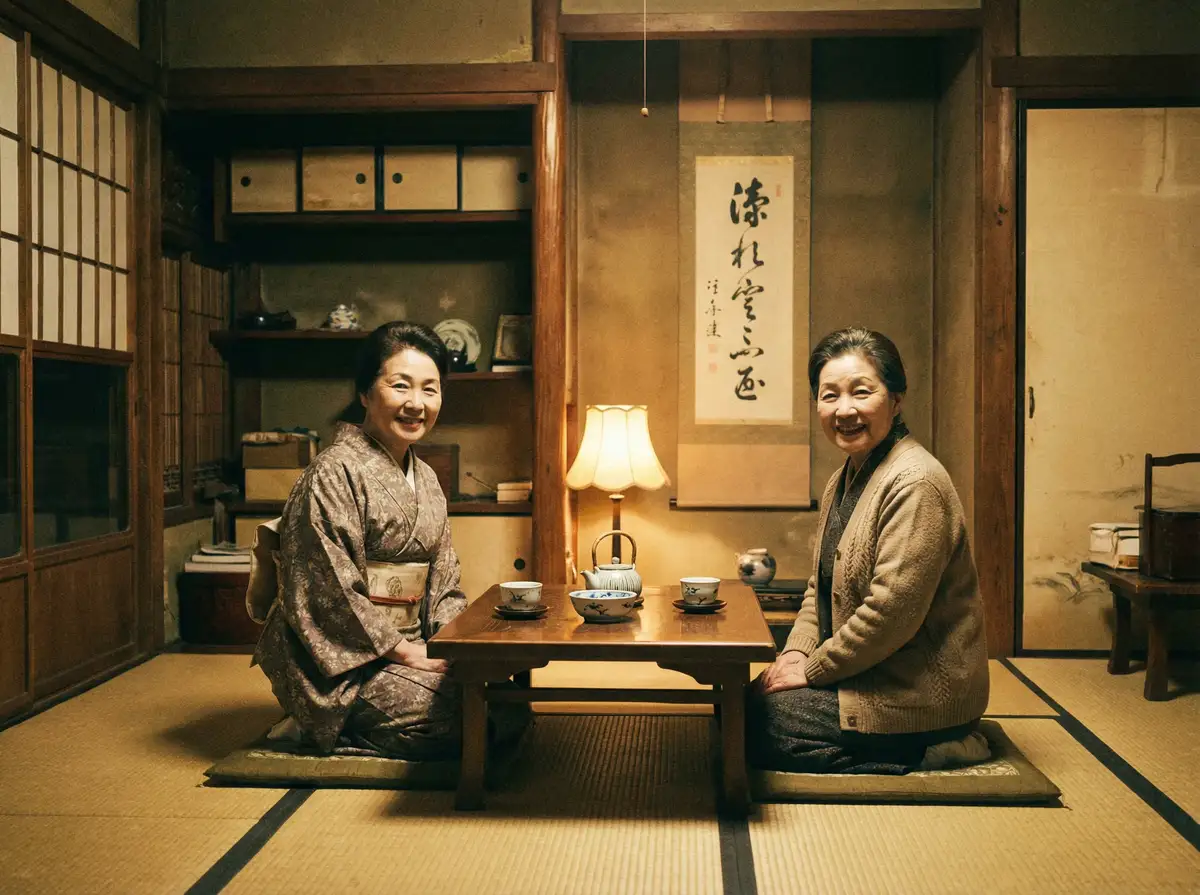 两位优雅的 J9体育 在日式茶室中品茶交谈